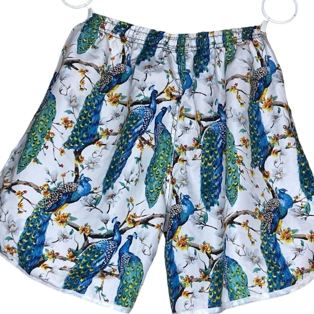 Quick Dry Men’s Sz Med Peacock Cherry Trees Flowers Swim Trunks Board Shorts